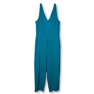 EUC Athleta Avenue Jumpsuit Teal V Neck Sleeveless Wide Leg Size Large